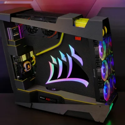 Vista superior con depósitos de refrigeración líquida del modding PC Corsair Z1